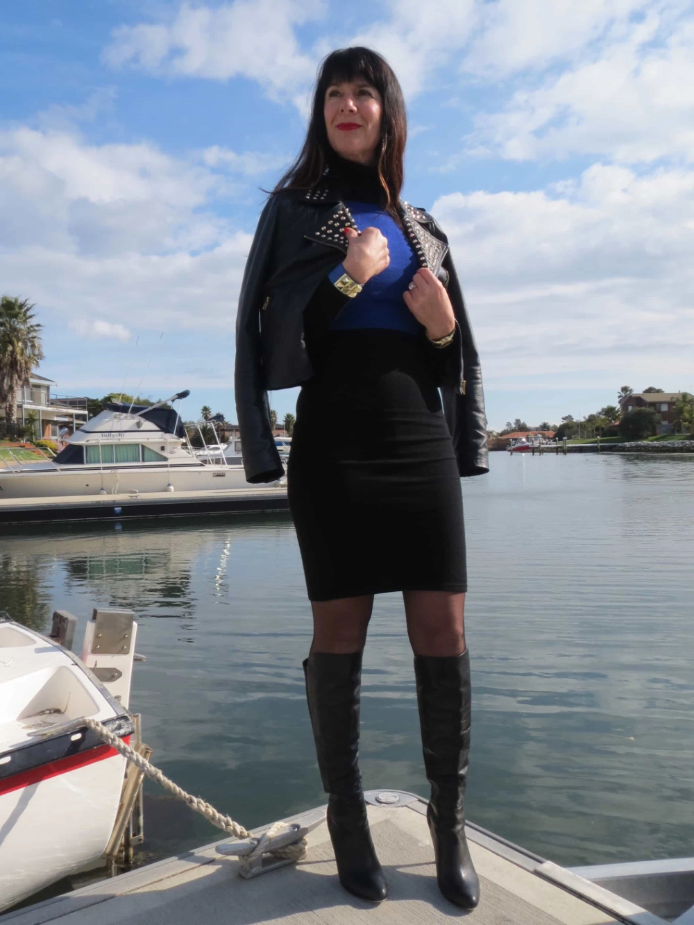 Black & cobalt roll-neck knit dress